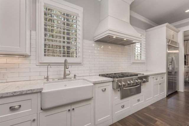 kitchen featuring a sink, appliances with stainless steel finishes, backsplash, dark wood-style floors, and custom range hood