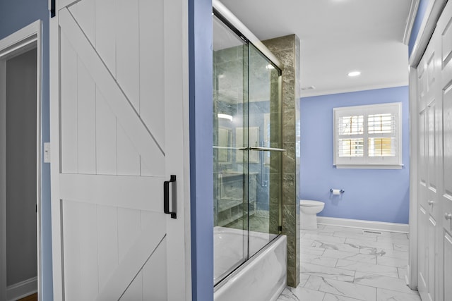 bathroom with baseboards, shower / bath combination with glass door, recessed lighting, toilet, and marble finish floor