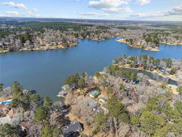 drone / aerial view featuring a forest view and a water view