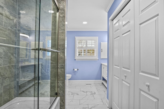 full bathroom with a shower stall, baseboards, toilet, marble finish floor, and vanity