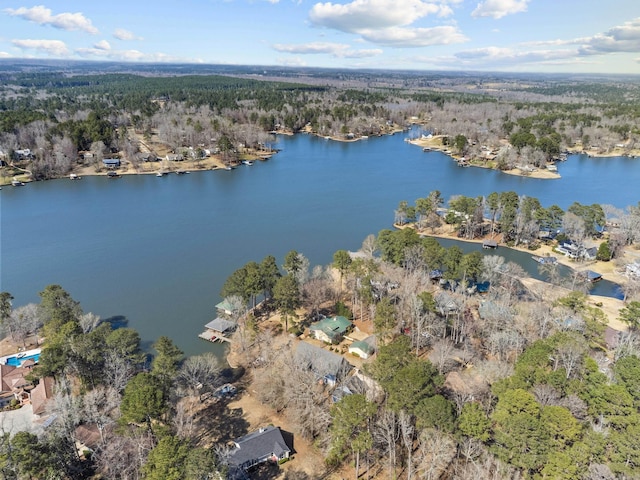 birds eye view of property featuring a wooded view and a water view