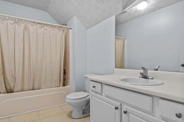 full bathroom featuring toilet, shower / tub combo with curtain, vanity, lofted ceiling, and a textured ceiling