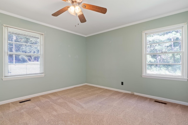 carpeted empty room featuring ceiling fan and ornamental molding