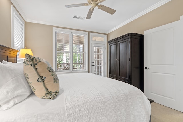 carpeted bedroom with crown molding, ceiling fan, and access to exterior