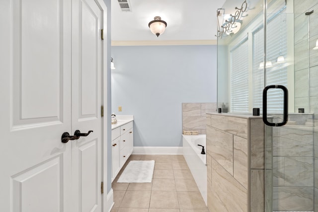 bathroom with tile patterned flooring, crown molding, shower with separate bathtub, and vanity