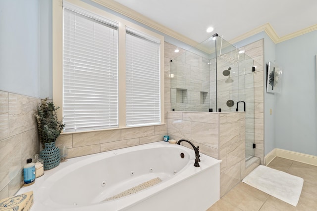 bathroom featuring tile patterned flooring, ornamental molding, and independent shower and bath