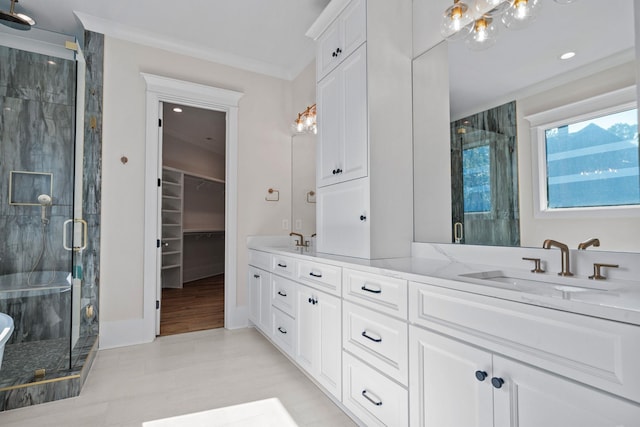 bathroom featuring vanity, crown molding, and a shower with shower door