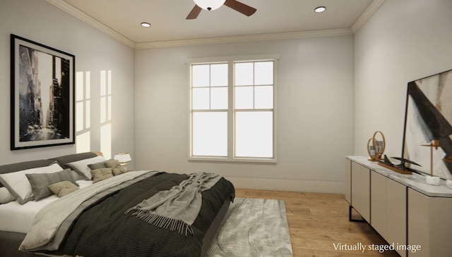 bedroom featuring ornamental molding, ceiling fan, and light hardwood / wood-style floors