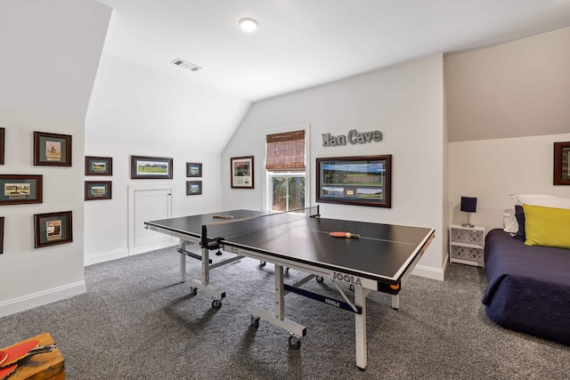 rec room with lofted ceiling, carpet flooring, visible vents, and baseboards