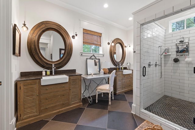 full bathroom featuring recessed lighting, a shower stall, vanity, and ornamental molding