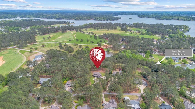 drone / aerial view featuring a water view and golf course view