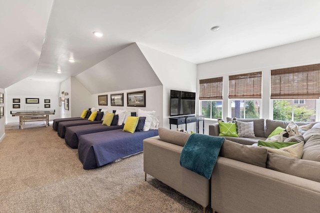 bedroom with recessed lighting, vaulted ceiling, and carpet