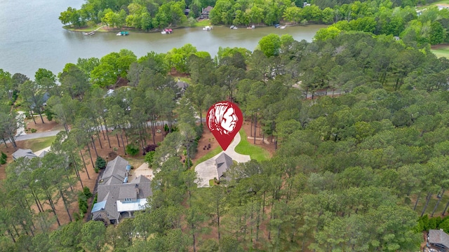 drone / aerial view with a wooded view and a water view