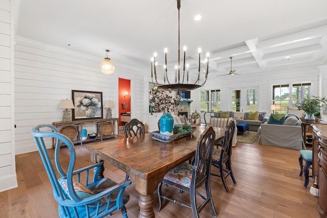 dining area with hardwood / wood-style floors, ceiling fan, coffered ceiling, ornamental molding, and beam ceiling