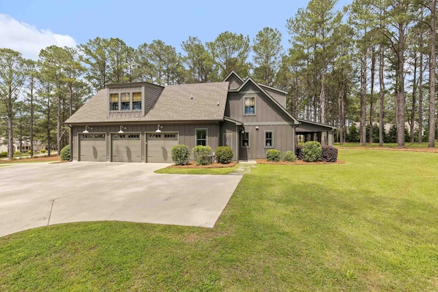 view of front of house with board and batten siding, roof with shingles, a front lawn, and concrete driveway