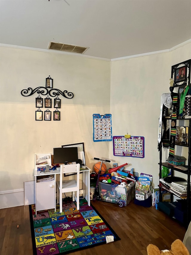 office area featuring ornamental molding and dark hardwood / wood-style floors