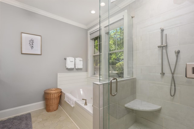 bathroom featuring tile patterned floors, ornamental molding, and independent shower and bath