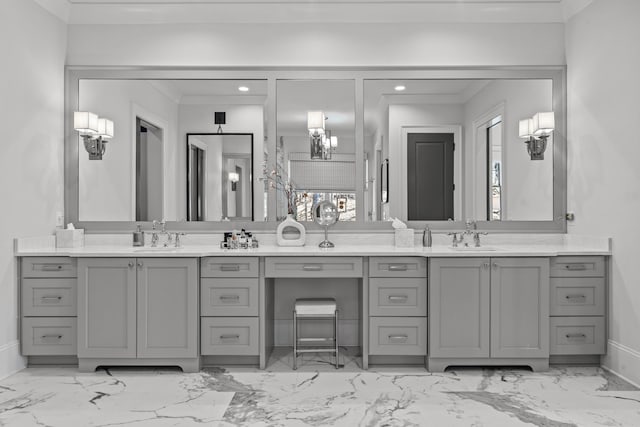 full bathroom with a sink, double vanity, recessed lighting, and ornamental molding