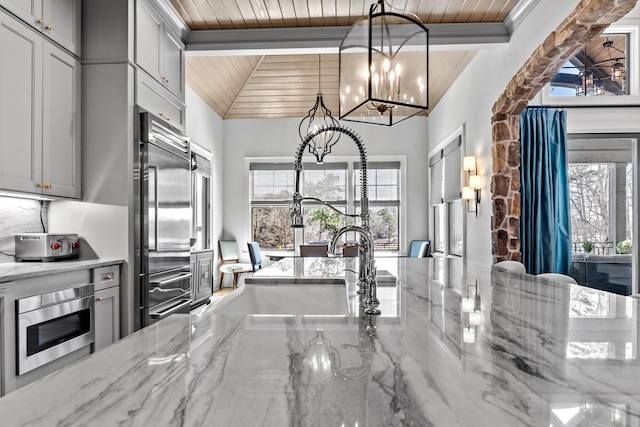 kitchen featuring built in appliances, plenty of natural light, wooden ceiling, and gray cabinetry