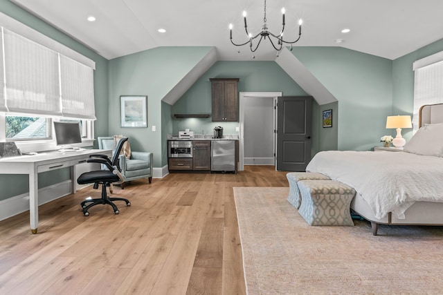 bedroom with light wood-type flooring, baseboards, refrigerator, and vaulted ceiling