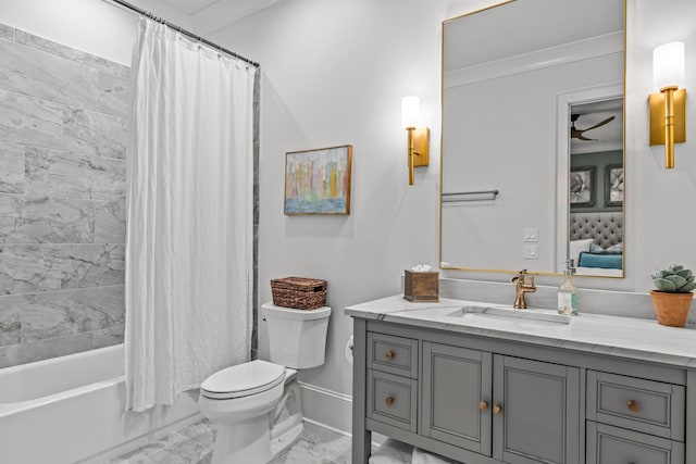 full bath with vanity, shower / bathtub combination with curtain, baseboards, toilet, and marble finish floor