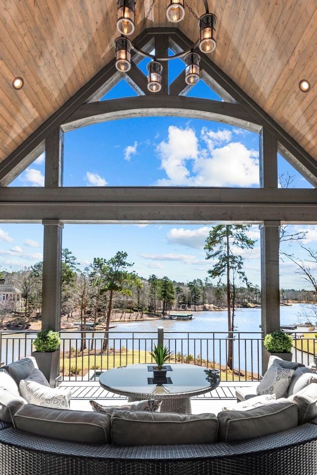 view of patio / terrace featuring a water view and an outdoor hangout area