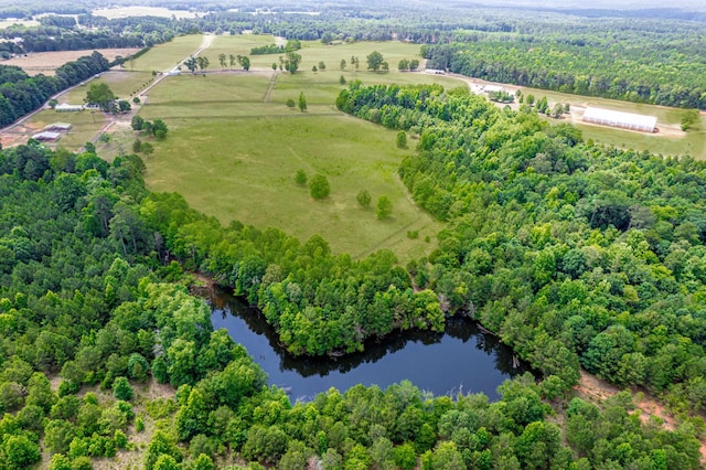 bird's eye view featuring a rural view and a water view