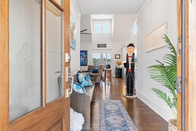 foyer entrance with a high ceiling, dark wood-style flooring, and baseboards