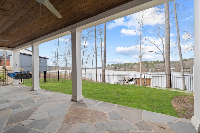 view of patio / terrace with a water view, a fenced backyard, and a ceiling fan