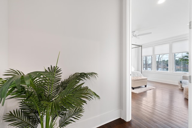 interior space featuring dark wood-type flooring and baseboards