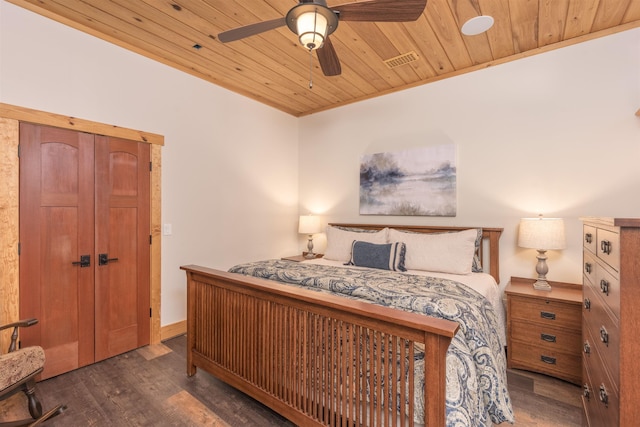 bedroom with a ceiling fan, wood ceiling, visible vents, and dark wood finished floors