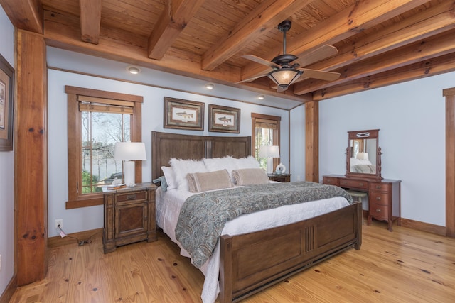 bedroom featuring light wood finished floors, multiple windows, and wood ceiling