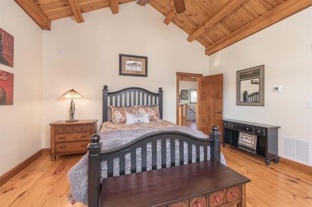 bedroom featuring light wood-style flooring, wood ceiling, visible vents, baseboards, and beamed ceiling