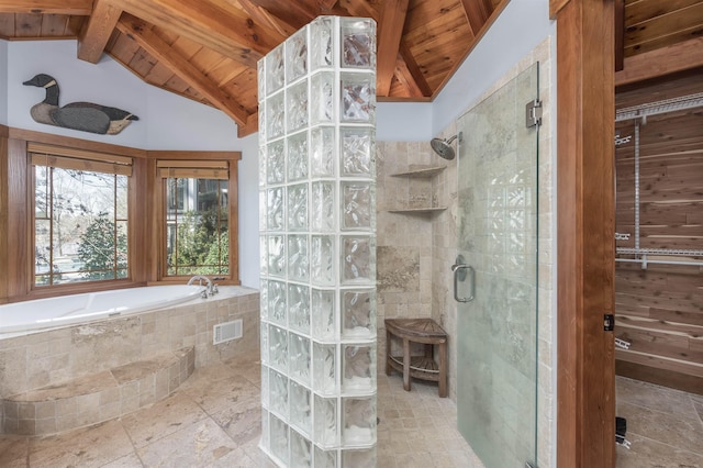 bathroom with lofted ceiling with beams, a stall shower, wooden ceiling, and a bath