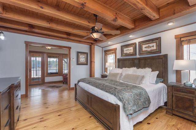 bedroom with access to exterior, wood ceiling, light wood-type flooring, beamed ceiling, and baseboards