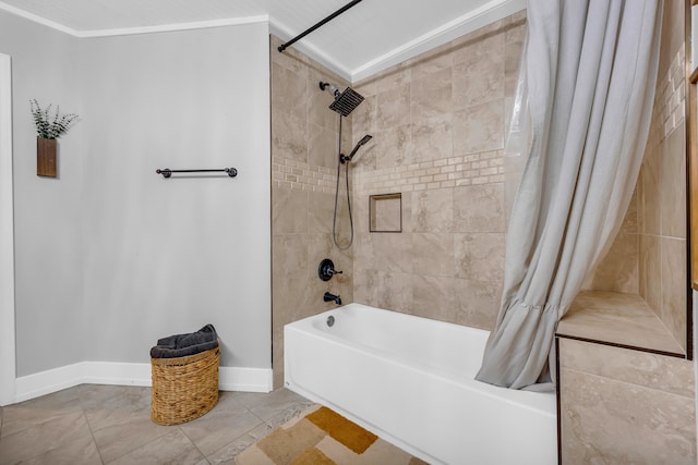 bathroom featuring crown molding and shower / tub combo