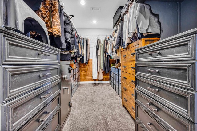 spacious closet with light colored carpet