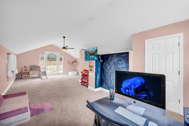 rec room featuring light carpet, lofted ceiling, and ceiling fan