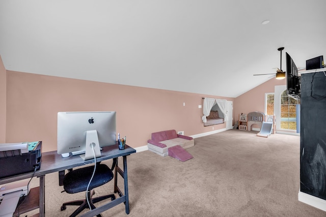 office featuring lofted ceiling, carpet floors, and ceiling fan