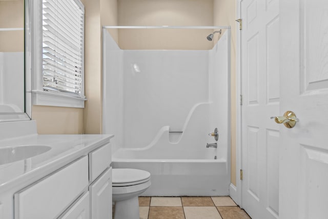 bathroom featuring shower / bathing tub combination, vanity, toilet, and tile patterned floors