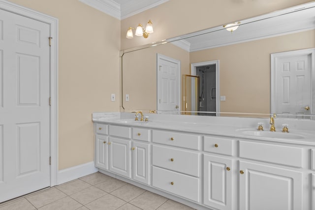 full bath featuring ornamental molding, tile patterned flooring, a sink, and double vanity