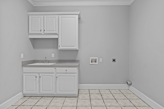 laundry room with washer hookup, crown molding, cabinet space, a sink, and electric dryer hookup