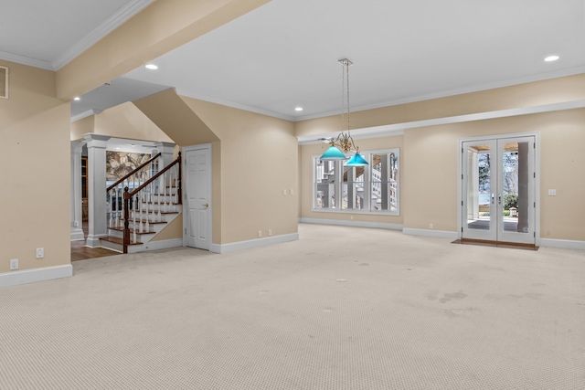 interior space with french doors, crown molding, recessed lighting, stairway, and baseboards