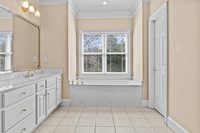 full bathroom featuring plenty of natural light, tile patterned flooring, and crown molding