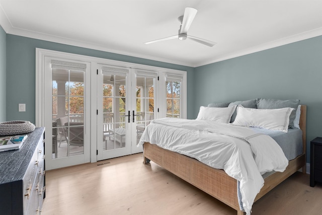 bedroom featuring ornamental molding, access to exterior, ceiling fan, light hardwood / wood-style floors, and french doors