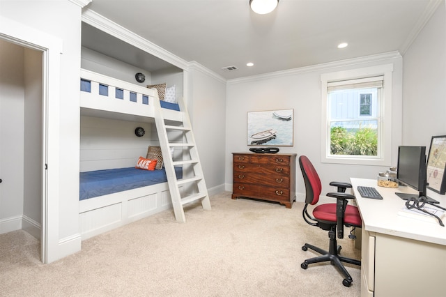 bedroom featuring crown molding and light colored carpet