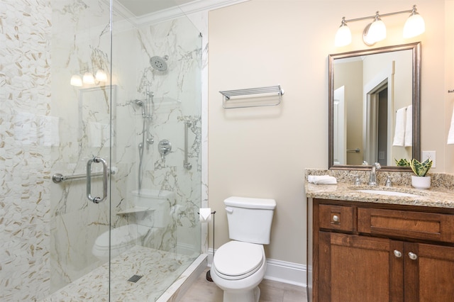 bathroom featuring walk in shower, ornamental molding, vanity, and toilet