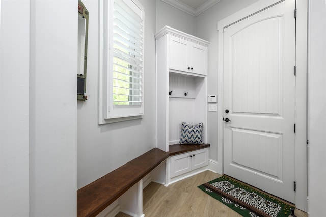 mudroom featuring crown molding and light hardwood / wood-style flooring