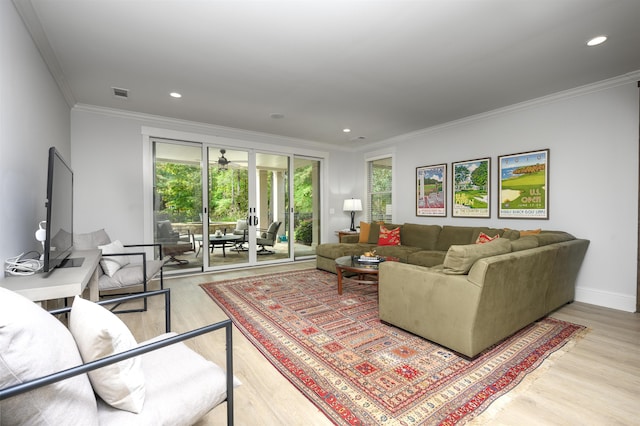 living room featuring crown molding and light wood-type flooring