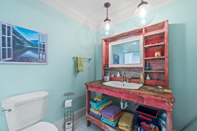 120UNIT304 Indian Summer Path, Eatonton, GA 31024 - bathroom with sink, crown molding, decorative backsplash, tile patterned floors, and toilet